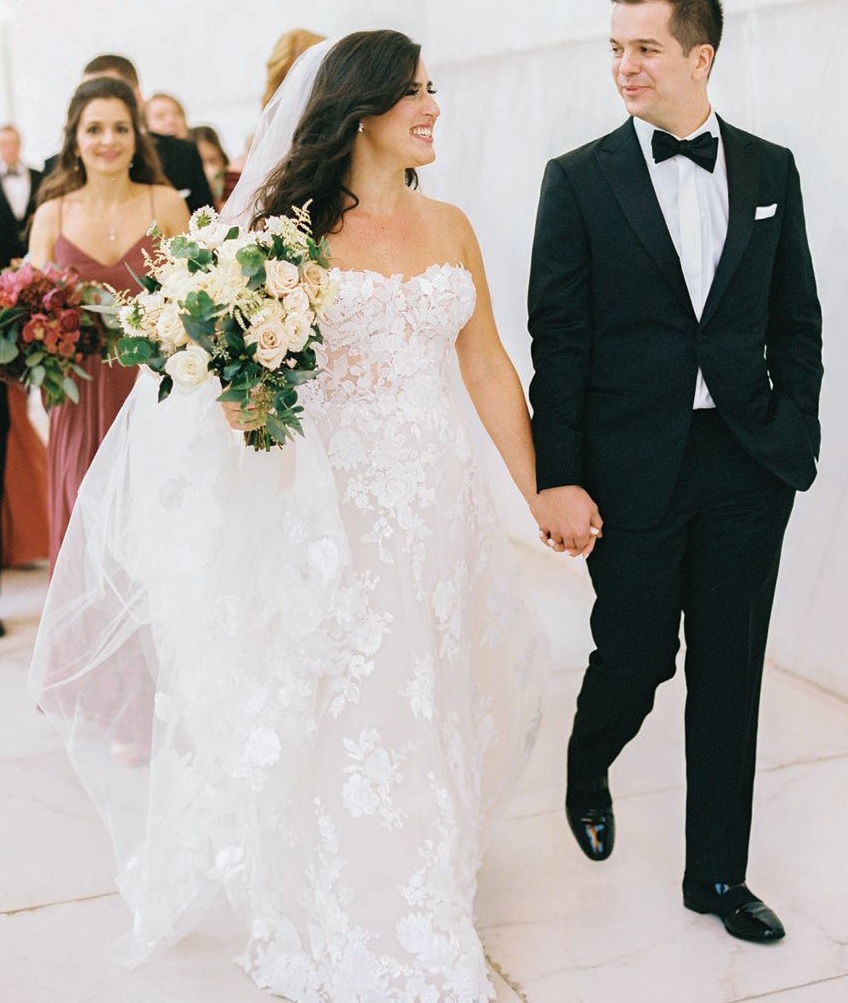 The bride’s gown was by Mira Zwillinger and the groom’s tux was by Ermenegildo Zegna. Photographed by Abby Jiu Photography