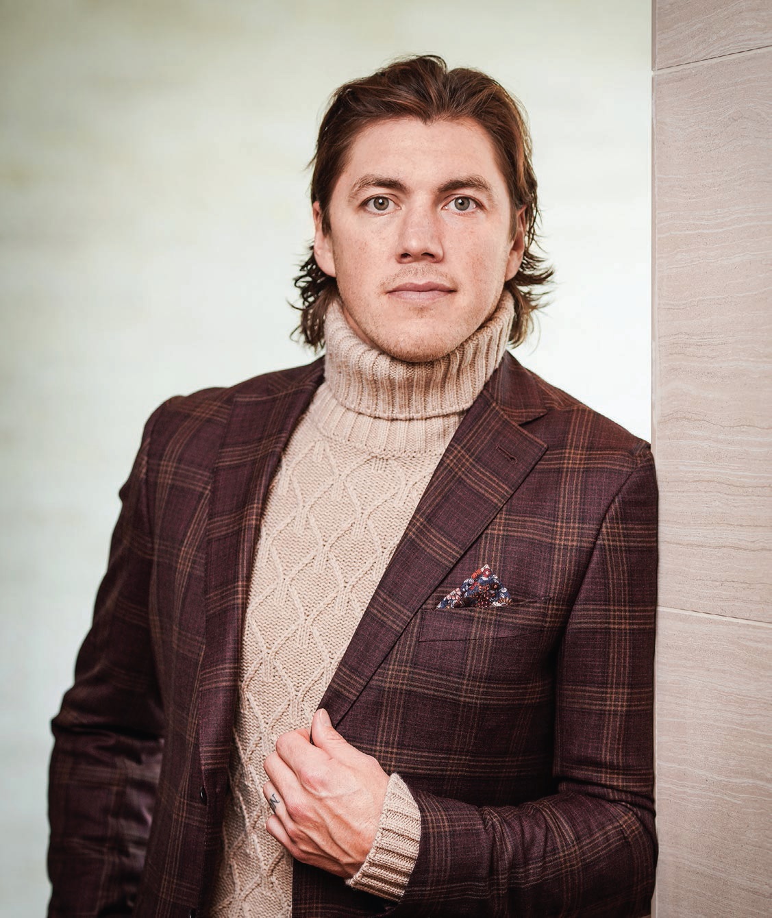 Jacket, turtleneck and pocket square, Saks Fifth Avenue, Tysons PHOTO: BY TONY POWELL, STYLING BY LINDSEY EVANS STUDIO