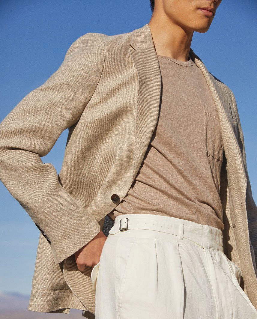 Italian linen Madison sport coat in khaki and Italian linen Gurkha trouser in cream. PHOTO COURTESY OF TODD SNYDER