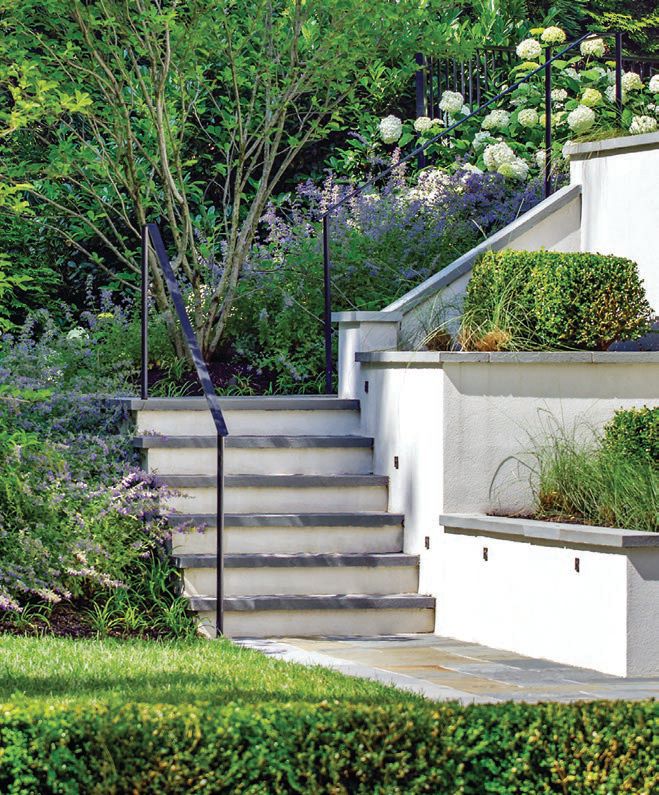 Stairs are framed by native grasses and trees, and the home benefits from a lush terrace for family fun. PHOTO BY ALLEN RUSS PHOTOGRAPHY