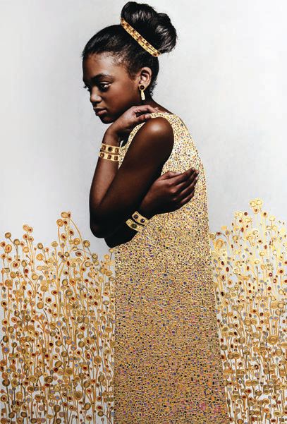 Tawny Chatmon, “But She Already Knew They Were More Precious Than All the Jewels and Gold in the World” (2020, 24K gold leaf, acrylic, watercolor on archival pigment print), 52 inches by 36 inches. BY TAWNEY CHATMON 